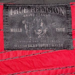 True religion blood red denim “Ricky” style straight leg jeans